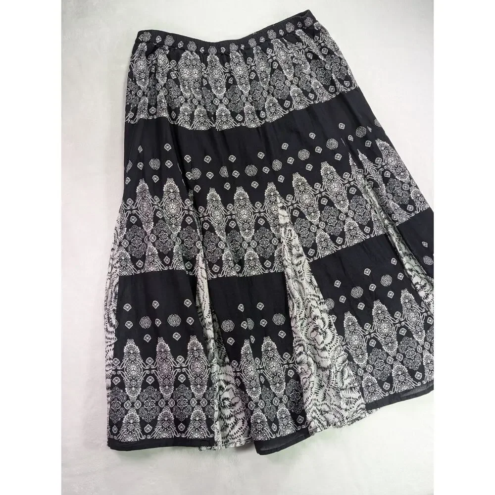 VTG Choices Womens XL Black White Medallion Paisley Boho Maxi Skirt